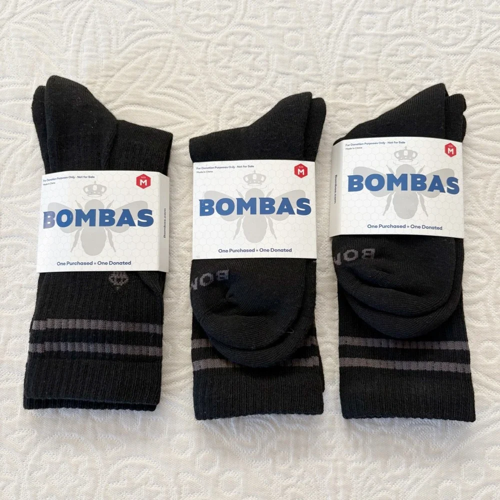 Bombas Crew Length Socks -‎ Sz M, 3 Pairs, Black